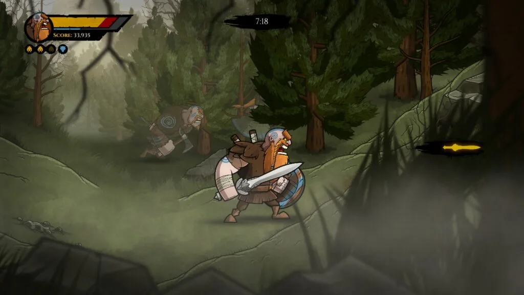 Caradoc andando pela floresta. Ao fundo podemos ver seu irmão Brennus e sua irmã Guinevere entre as árvores