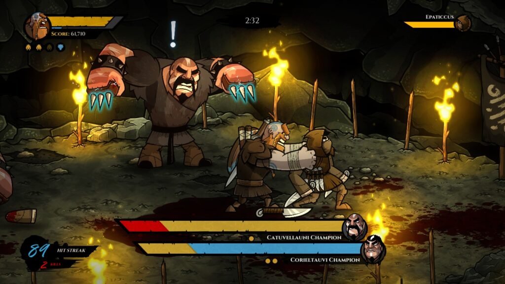 Caradoc agarrando um dos inimigos pelas costas em Wulverblade