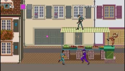 Primeira fase de Balacera Brothers mostrando um dos irmãos correndo numa feira enquanto gângsteres esqueletos o atacam