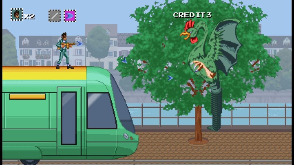 Um dos chefões de Balacera Brothers, uma galinha-demônio gigante voando na frente do metrô