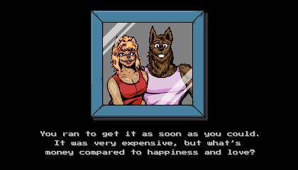 Cutscene do jogo Bloody Paws Unleashed mostrando uma fotografia do lobisomem protagonista ao lado da sua esposa