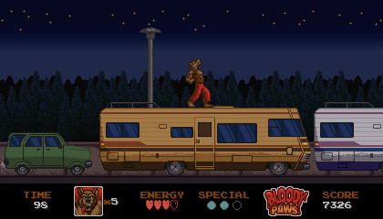 Terceira fase de Bloody Paws Unleashed mostrando o lobisomem protagonista uivando em cima de uma vã