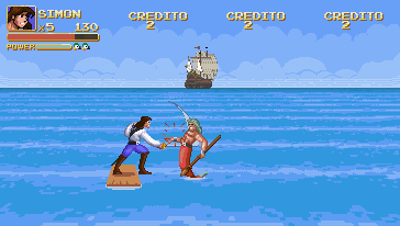 Simon, personagem de Buccaneers Shipshape, ataca um tritão que salta da água na segunda fase do jogo