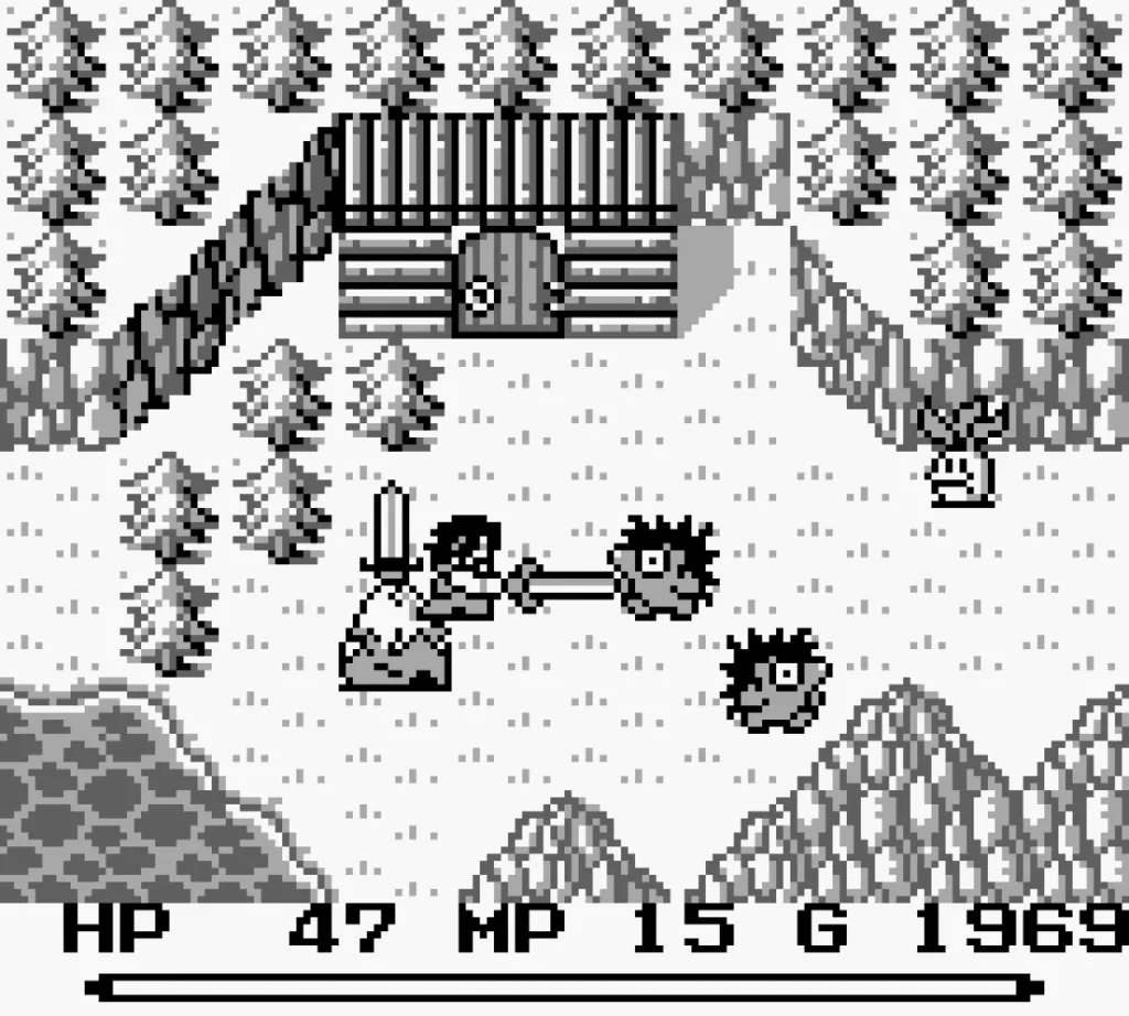 Imagem do jogo Final Fantasy Adventure, um dos melhores JRPGs de ação do Game Boy.