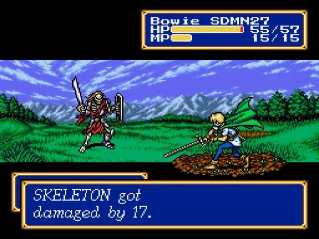 Imagem de Shining Force II, RPG tático, mostrando o protagonista espadachim Bowie atacando um esqueleto