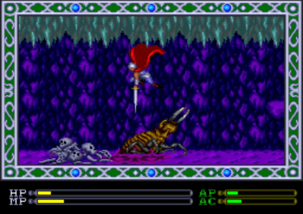 Imagem do RPG de ação Exile mostrando o protagonista Saddler saltando sobre um inseto gigante com sua espada apontando para baixo
