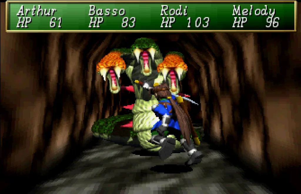 Imagem de Shining the Holy Ark mostrando uma cena do sistema de batalha com um dos personagens saltando contra uma cobra de três cabeças