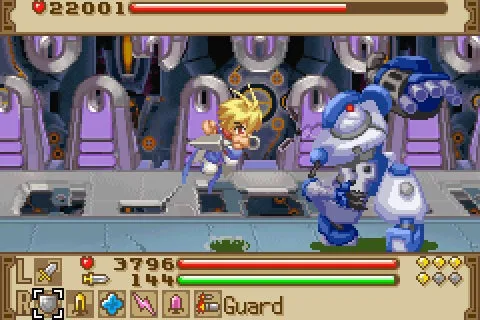 Imagem do sistema de batalha com vista lateral do jogo Summon Night: Swordcraft Story 2 mostrando o protagonista saltando com sua espada num robô gigante