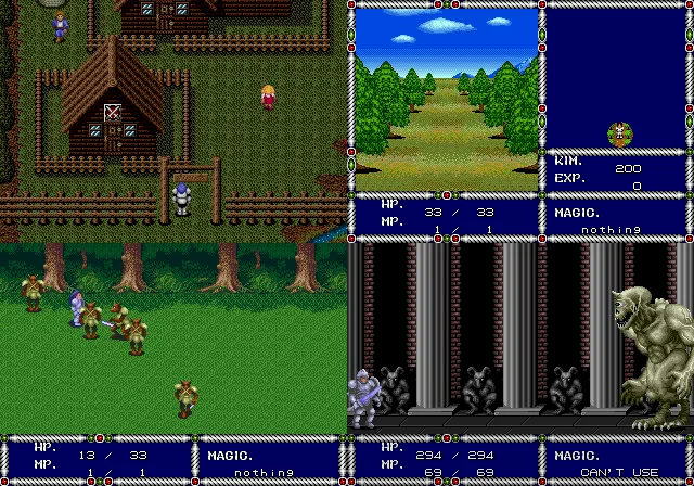 Imagem reunindo quatro fotos da gameplay do RPG Sword of Vermilion. Na primeira imagem mostra o personagem numa vila medieval com vista por cima, na segunda ele explora uma floresta em primeira pessoa, na terceira enfrenta um grupo de inimigos no estilo de um RPG de ação antigo e na última ele luta contra um ciclope numa vista lateral como um Tales of Phantasia arcaico