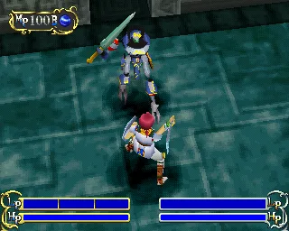 Protagonista de The Granstream Saga enfrentando uma armadura reanimada