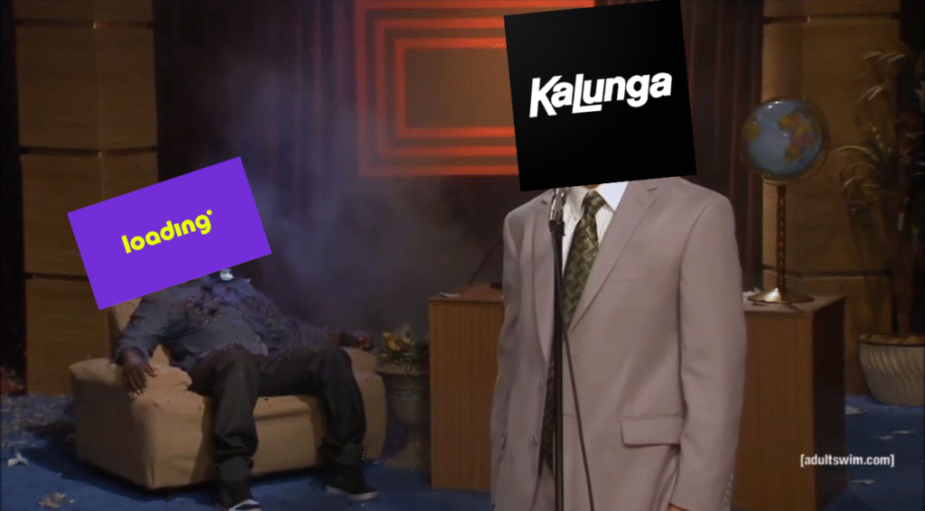 Meme do "Who killed Hannibal" tirado de The Eric Andre Show. A imagem foi editada mostrando a logo do canal Loading, que tentou fazer jornalismo gamer, no rosto do Eric e a logo da Kalunga, que era dona do canal, no rosto do apresentador Eric