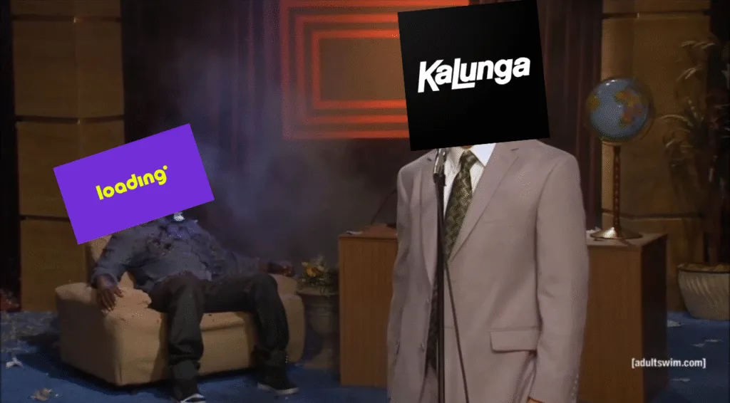 Meme do "Who killed Hannibal" tirado de The Eric Andre Show. A imagem foi editada mostrando a logo do canal Loading, que tentou fazer jornalismo gamer, no rosto do Eric e a logo da Kalunga, que era dona do canal, no rosto do apresentador Eric