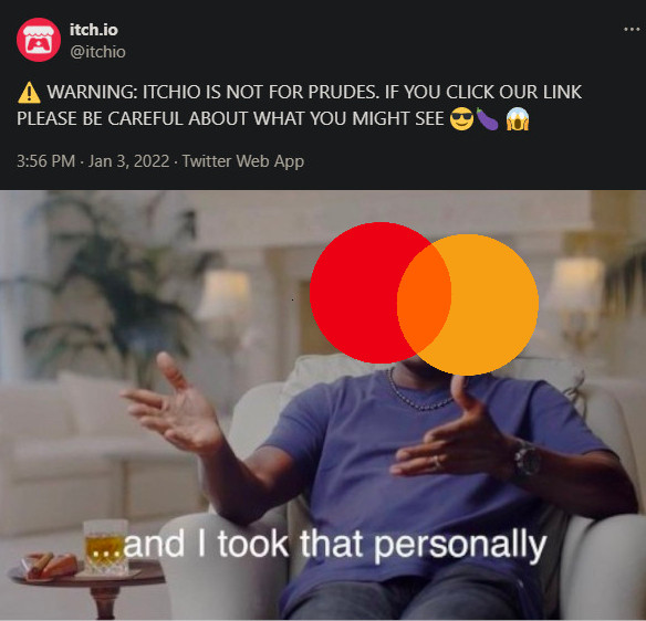 Print de uma postagem do perfil social da Itch.io em que eles fazem graça com o Mastercard