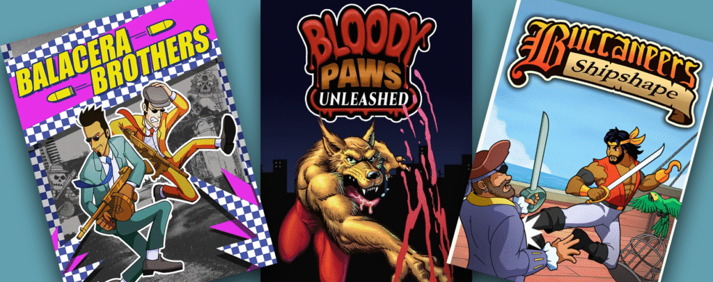 Imagem reunindo as capas dos três jogos do estúdio independente espanhol Merso Entertainment sobrepostas num fundo azul claro. Da esquerda pra direita: Balacera Brothers, Bloody Paws Unleashed e Buccaneers Shipshape