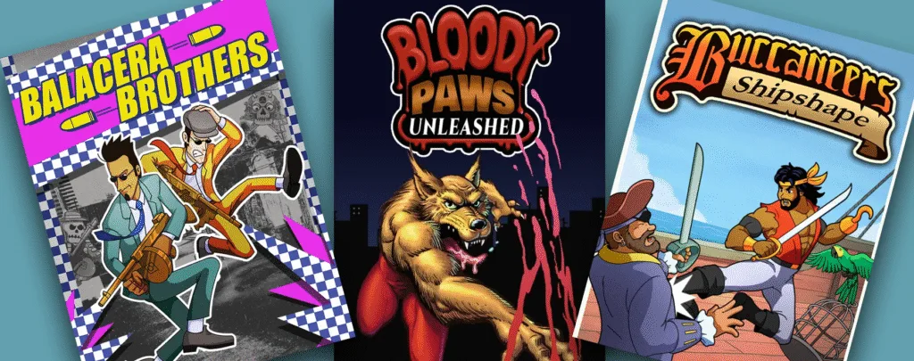 Imagem reunindo as capas dos três jogos do estúdio independente espanhol Merso Entertainment sobrepostas num fundo azul claro. Da esquerda pra direita: Balacera Brothers, Bloody Paws Unleashed e Buccaneers Shipshape