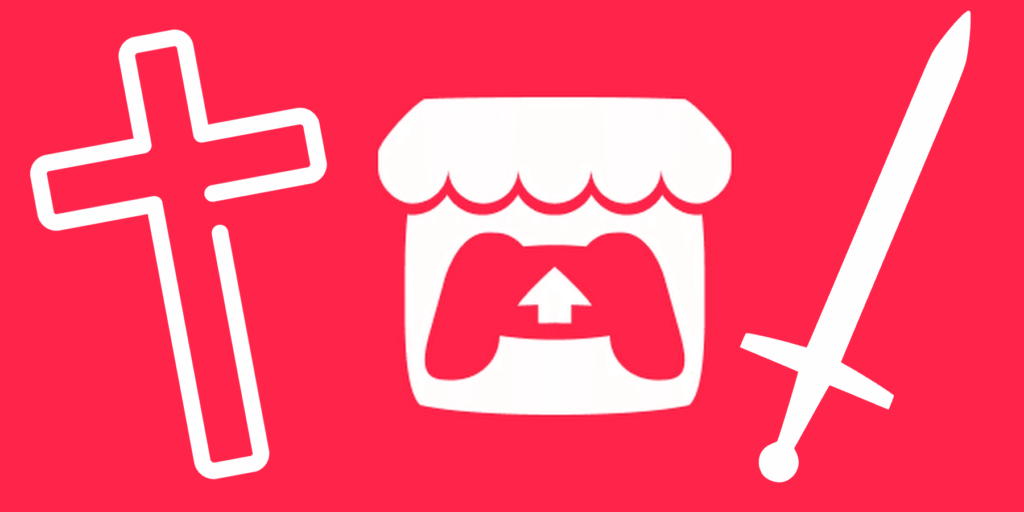 Logo da Itch.io entre o símbolo de uma cruz e o de uma espada