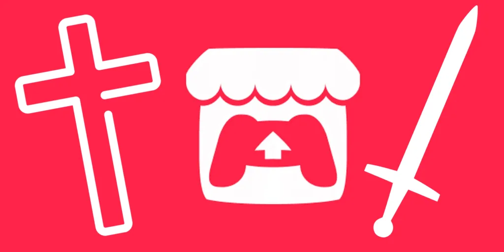 Logo da Itch.io entre o símbolo de uma cruz e o de uma espada