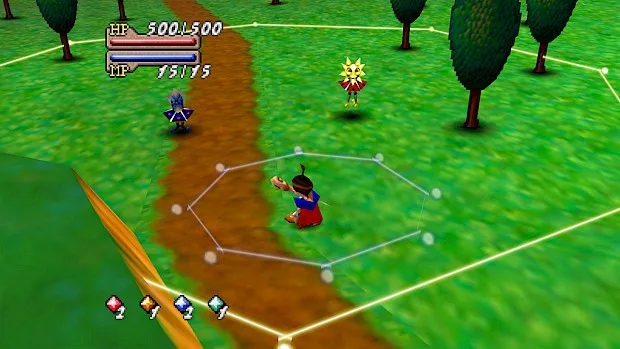 Imagem do sistema de batalha de Quest 64 onde o protagonista, um jovem mago, enfrenta monstros num campo aberto
