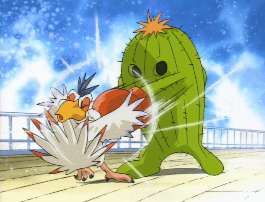 Togemon, um cacto gigante, acertando um soco em Cockatrimon, uma galinha gigante, no desenho de Digimon