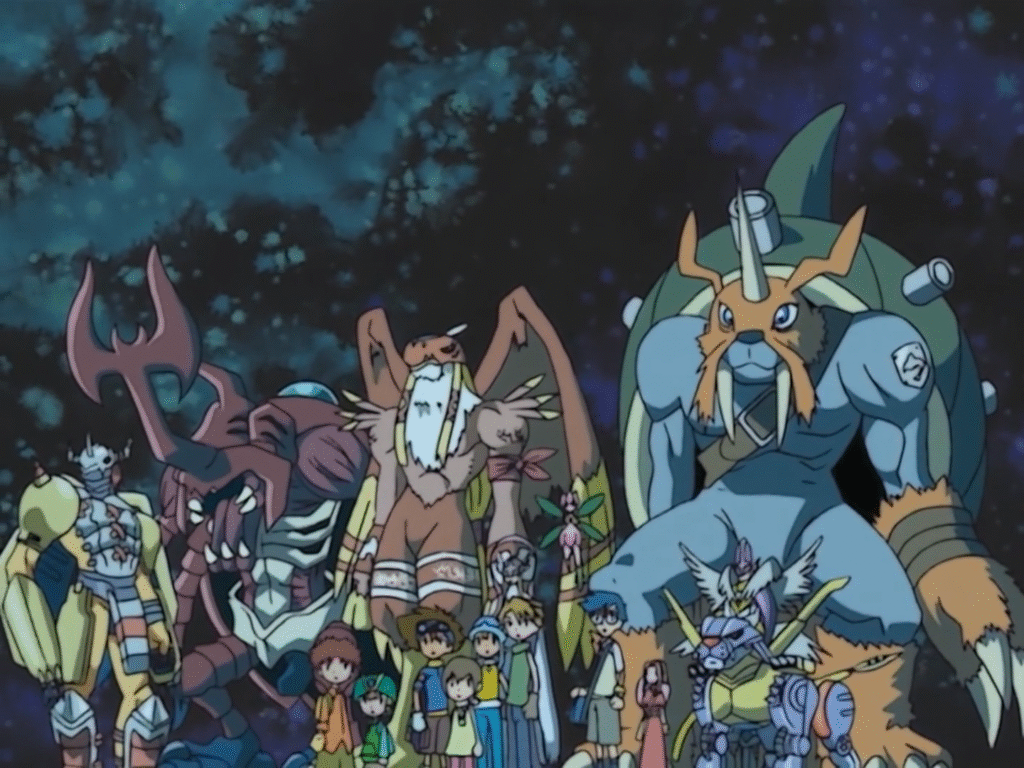 Cena de Digimon Adventure mostrando todas as crianças escolhidas com seus Digimons na suas formas evoluídas