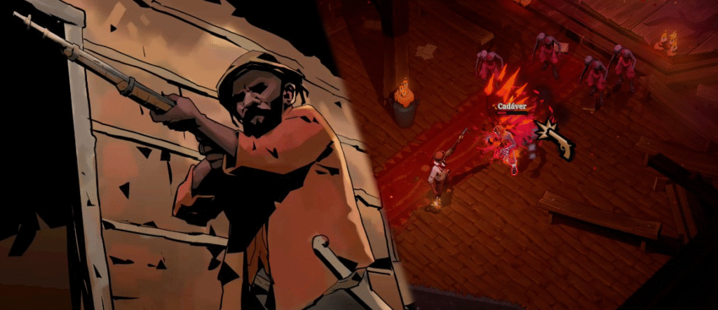 Imagem editada mostrando uma cutscene do jogo Hell Clock destacando o protagonista Pajeú em Canudos mirando com uma carabina ao lado de uma foto da gameplay mostrando o personagem atirando em cadáveres reanimados