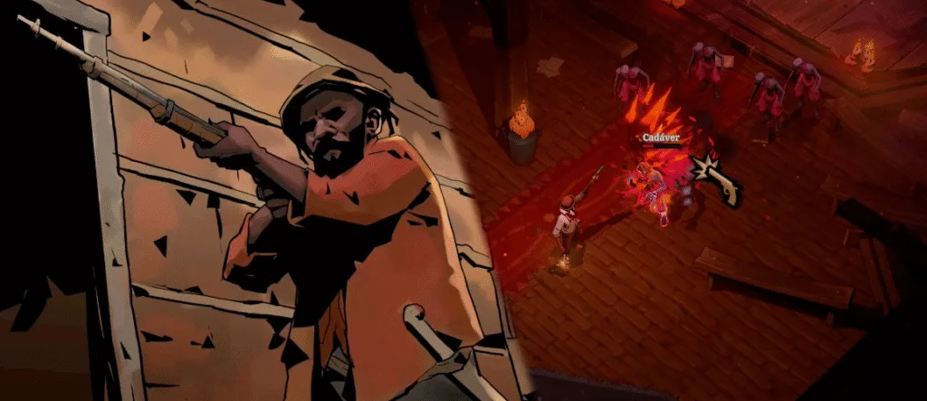 Imagem editada mostrando uma cutscene do jogo Hell Clock destacando o protagonista Pajeú em Canudos mirando com uma carabina ao lado de uma foto da gameplay mostrando o personagem atirando em cadáveres reanimados