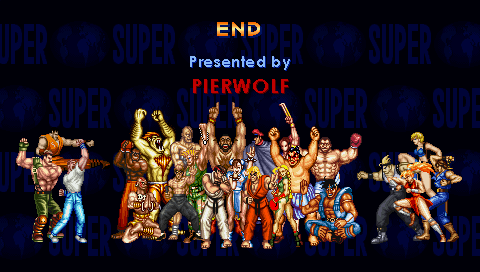 Créditos finais de Super Final Fight Gold Plus com todos os personagens do jogo e destacando seu criador, Pierwolf