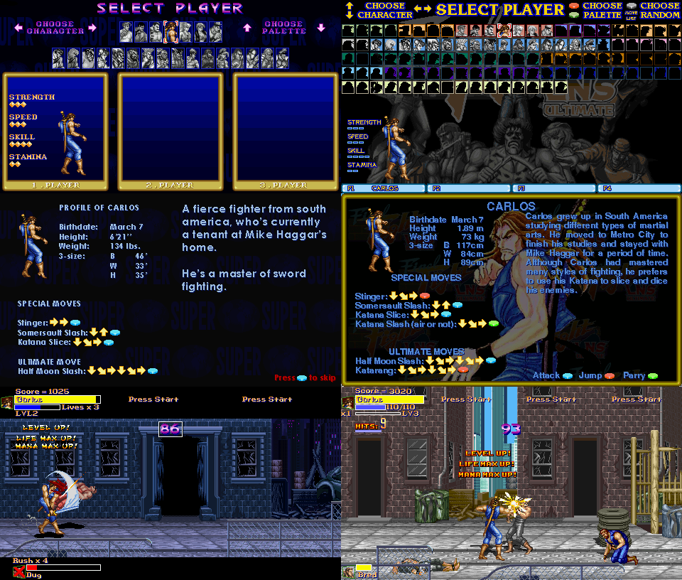 Comparativo entre a gameplay de Super Final Fight Gold Plus, do Pierwolf e Don Drago, com a do plágio Final Fight LNS, dos Las Noches Skyperas