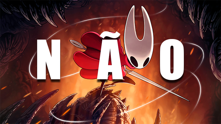 Imagem editada de Hollow Knight: Silksong destacando a protagonista Hornet e com a palavra NÃO sobreposta