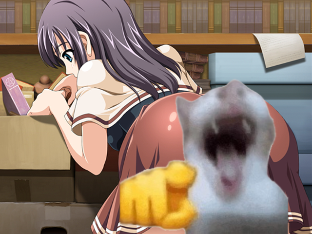 Imagem edita do jogo de RPG Maker, Inkey University, mostrando o desenho de uma aluna inclinada procurando livros numa caixa e na frente da sua bunda foi colocado o meme de um gato rindo com um emoji apontando para frente