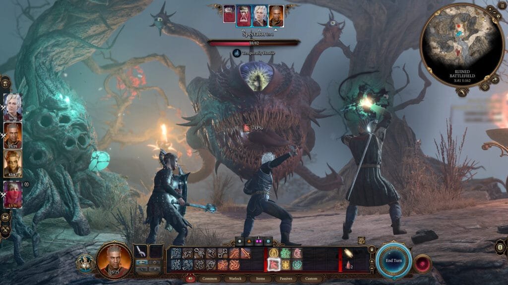 Cena de Baldur's Gate 3 em que o grupo do protagonista enfrenta um Beholder