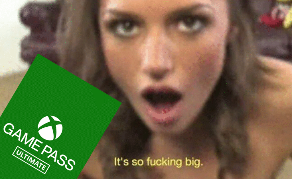 Meme satirizando o aumento do preço do Xbox Game Pass com uma mulher fazendo cara de surpresa e dizendo "It's so fucking big"