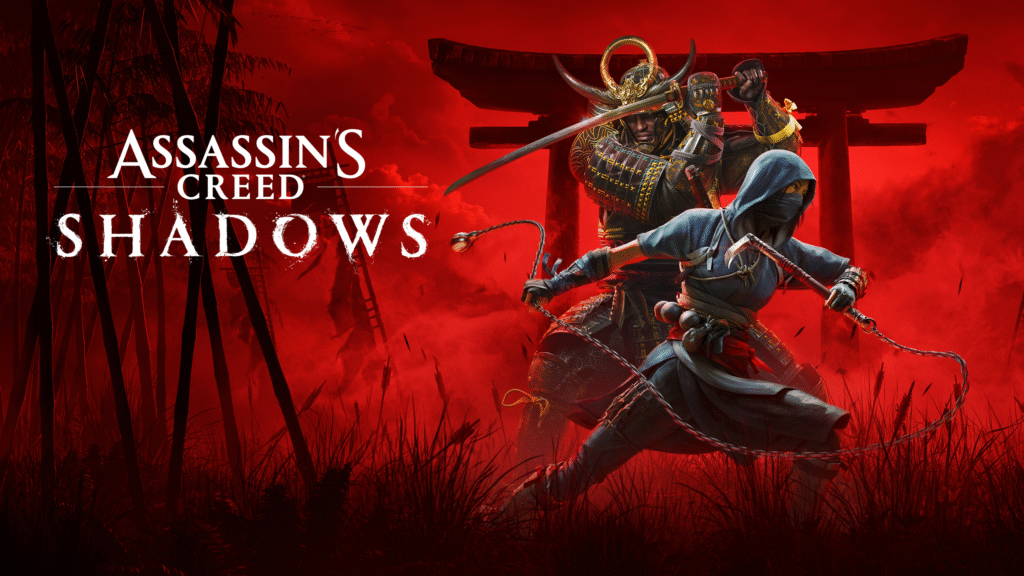 Capa do jogo Assassin's Creed Shadows destacando os dois protagonistas: o samurai Yasuke e a ninja Naoe