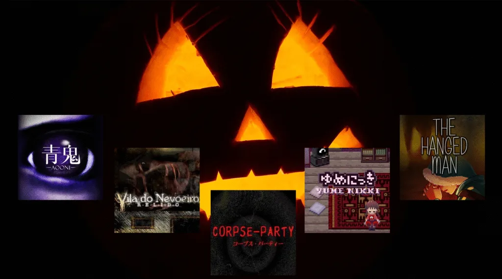 Imagem com cinco jogos de terror no RPG Maker: CORPSE-PARTY, Yume Nikki, Vila do Nevoeiro, Ao Oni e The Hanged Man. Ao fundo tem um rosto de um tradicional Jack Ol' Lantern de Halloween