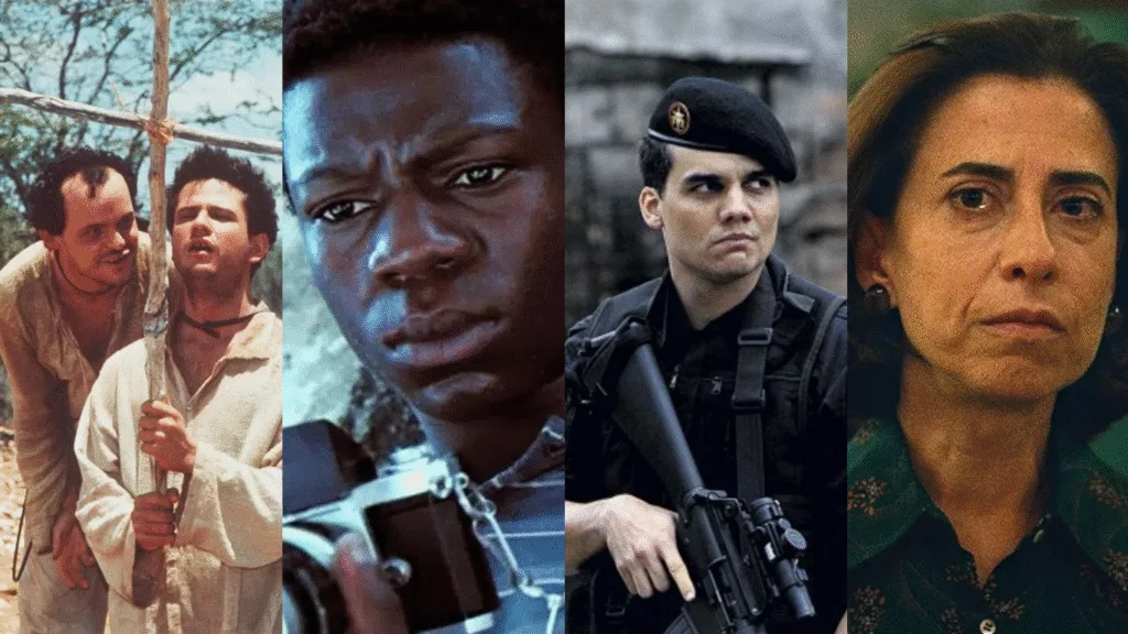Imagem com quatro filmes brasileiros que são comumente utilizados de exemplos do cinema nacional: O Auto da Compadecida, Cidade de Deus, Tropa de Elite e Ainda Estou Aqui