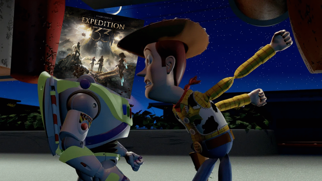 Montagem com cena de Toy Story em que o Woody fala para o Buzz "Você é um brinquedo". Em vez do rosto do Buzz foi colocado a capa do jogo Clair Obscur: Expedition 33