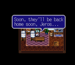 Cena de final de Lufia II: Rise of the Sinistrals, com a babá de Jeros, filho dos protagonistas, segurando o bebê após a morte de seus pais