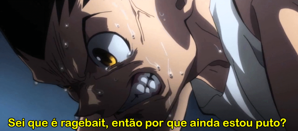 Meme do Kon, personagem de Hunter x Hunter, com o letreiro "Sei que é ragebai, então por que ainda estou puto?" sendo usado no contexto sobre besteiras ditas sobre o cinema nacional