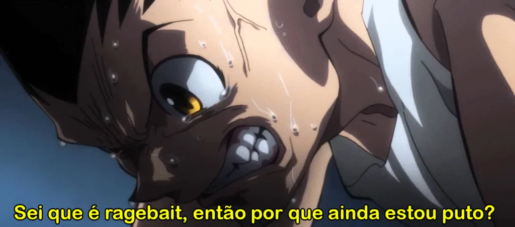 Meme do Kon, personagem de Hunter x Hunter, com o letreiro "Sei que é ragebai, então por que ainda estou puto?" sendo usado no contexto sobre besteiras ditas sobre o cinema nacional