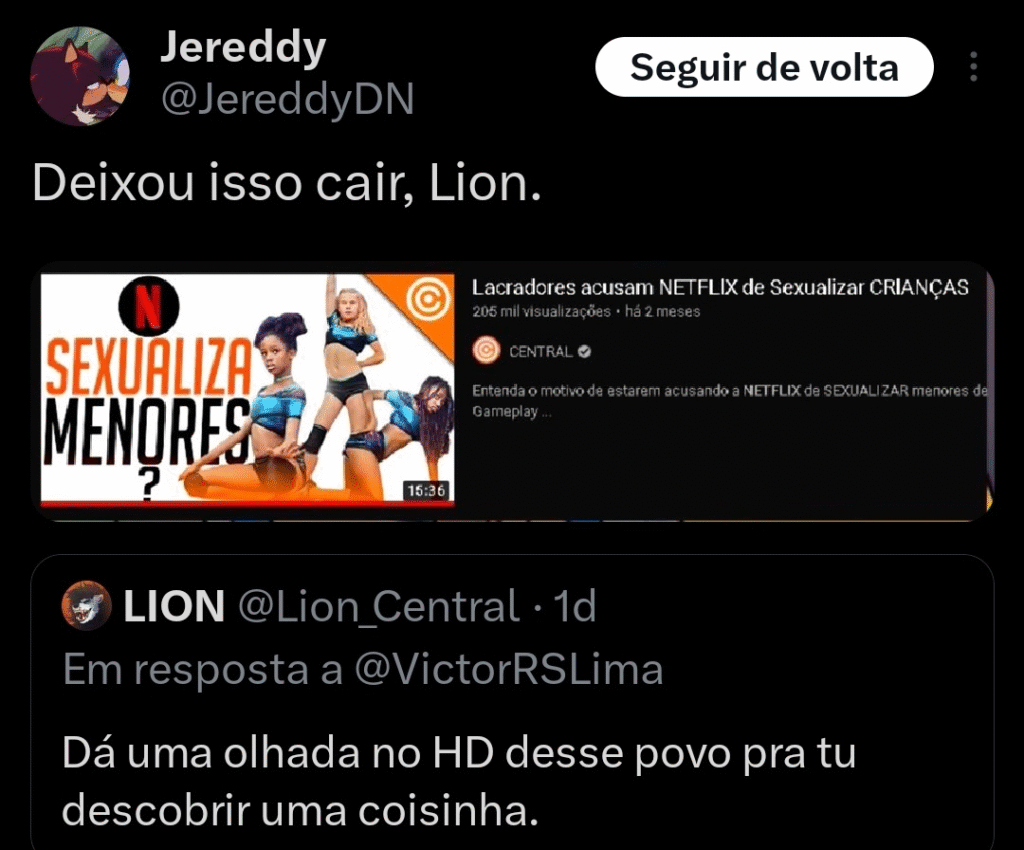Print de um tweet de um usuário lembrando o Lion da Central sobre o vídeo que eles fizeram em defesa do filme Lindinhas (Cuties)
