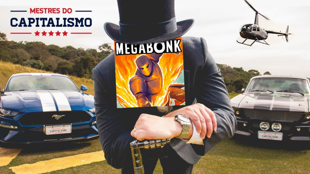 Meme com o desenvolvedor de Megabonk colocando a capa do seu jogo no rosto do youtuber e hater do MBL, Nando Moura, na thumb do seu vídeo de propaganda do curso Mestres do Capitalismo