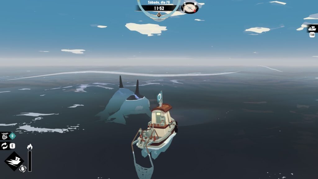 Duas orcas nadando ao lado do barco do jogador em Dredge