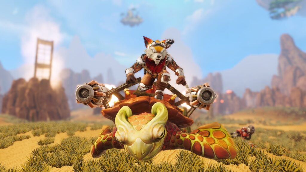 Animação de final da partida de Slyders em que o protagonista pula numa tartaruga voadora e vai embora da arena