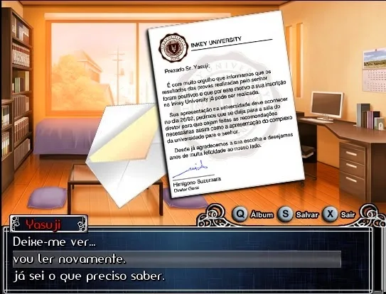 Cena de Inkey University onde o protagonista lê a carta que recebeu da universidade para qual aceito