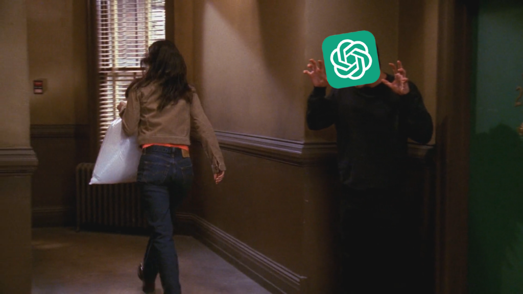 Imagem de um episódio de Friends que Ross tenta assustar Monica gritando "Unagi", mas ela passa por ele tranquilamente. A imagem foi editada colocando a logo do ChatGPT no rosto do Ross como uma referência ao tema do texto sobre o não-escrever