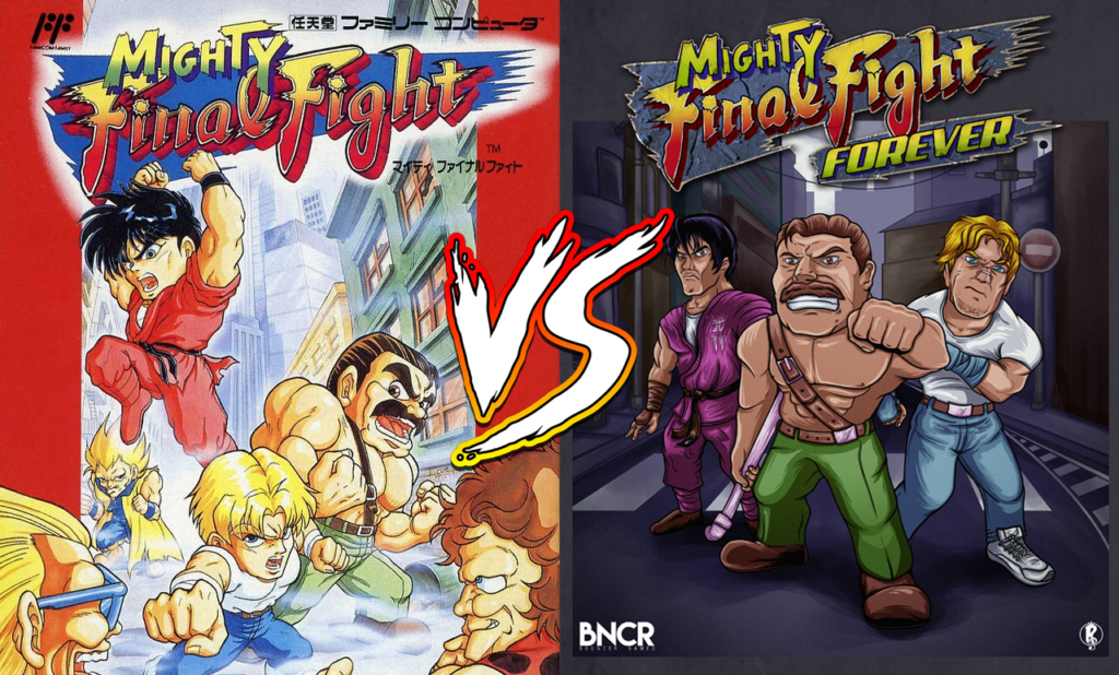 Cover arts dos jogos Mighty Final Fight (esq.) e Mighty Final Fight: Forever (dir.)