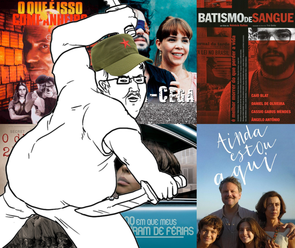 Montagem com alguns filmes sobre a ditadura militar (O que É Isso, Companheiro?, Cabra-Cega, Batismo de Sangue, O Dia que Durou 21 Anos, O Ano em que Meus Pais Saíram de Férias e Ainda Estou Aqui) com um personagem usando um boné de guerrilheiro e segurando duas facas