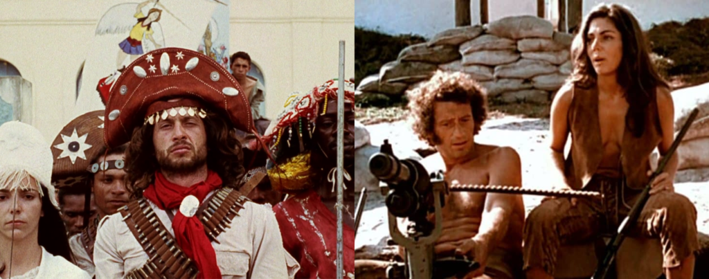 À esquerda uma imagem do filme O Dragão da Maldade Contra o Santo Guerreiro, de Glauber Rocha, e à direita imagem do filme Quem é Beta?, de Nelson Pereira dos Santos