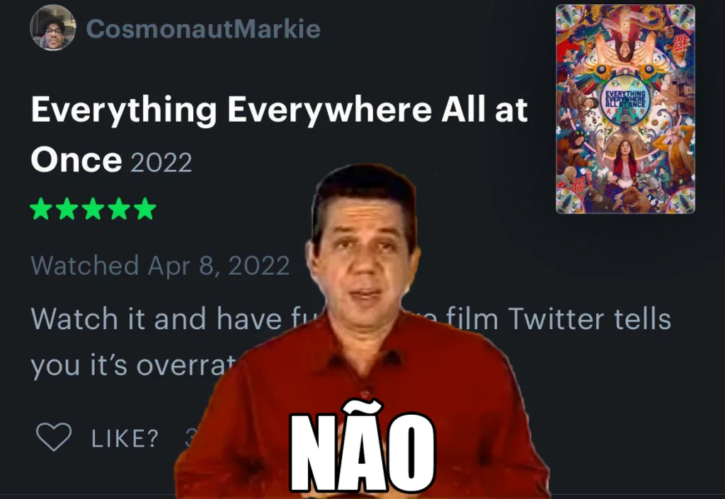 Meme colocando o Professor Pasquale falando "não" em cima de uma review covarde de Tudo Em Todo Lugar Ao Mesmo Tempo que não aguenta opiniões divergentes
