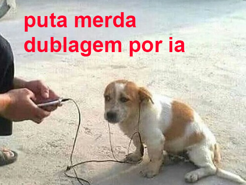 Meme editado do cachorrinho com fones de ouvido dizendo "puta merda que música ruim". O texto foi alterado para "puta merda dublagem por ia"